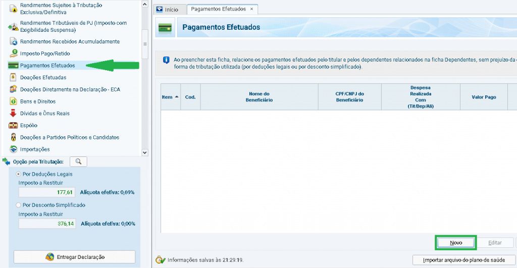 pagamentos efetuados declaração imposto de renda 2019
