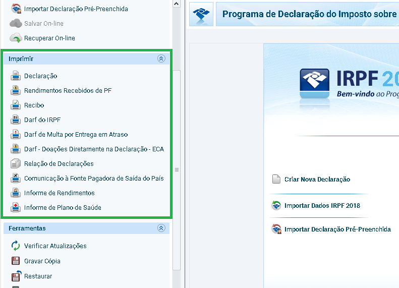 imprimir declaração e DARF do imposto de renda 2019