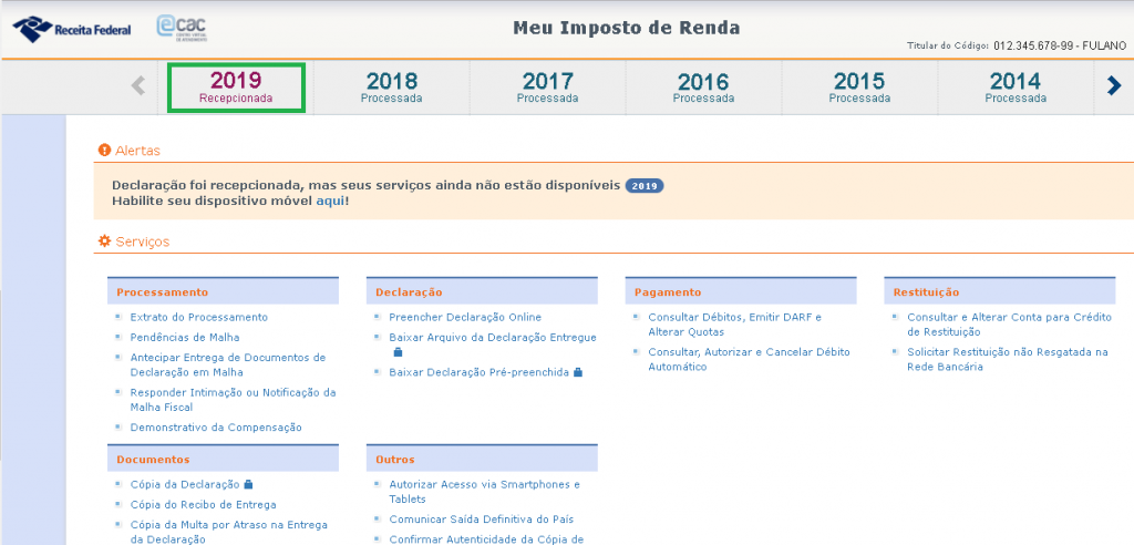 ano da declaração do imposto de renda