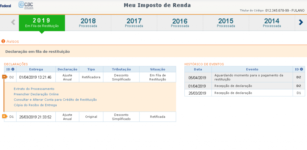 declaração em fila de restituição